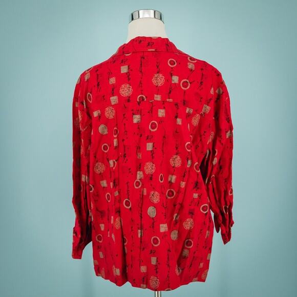 Chico's 3 Size XL Red Asian Print Symbols Print Button Down Linen Blend Top - Picture 3 of 5